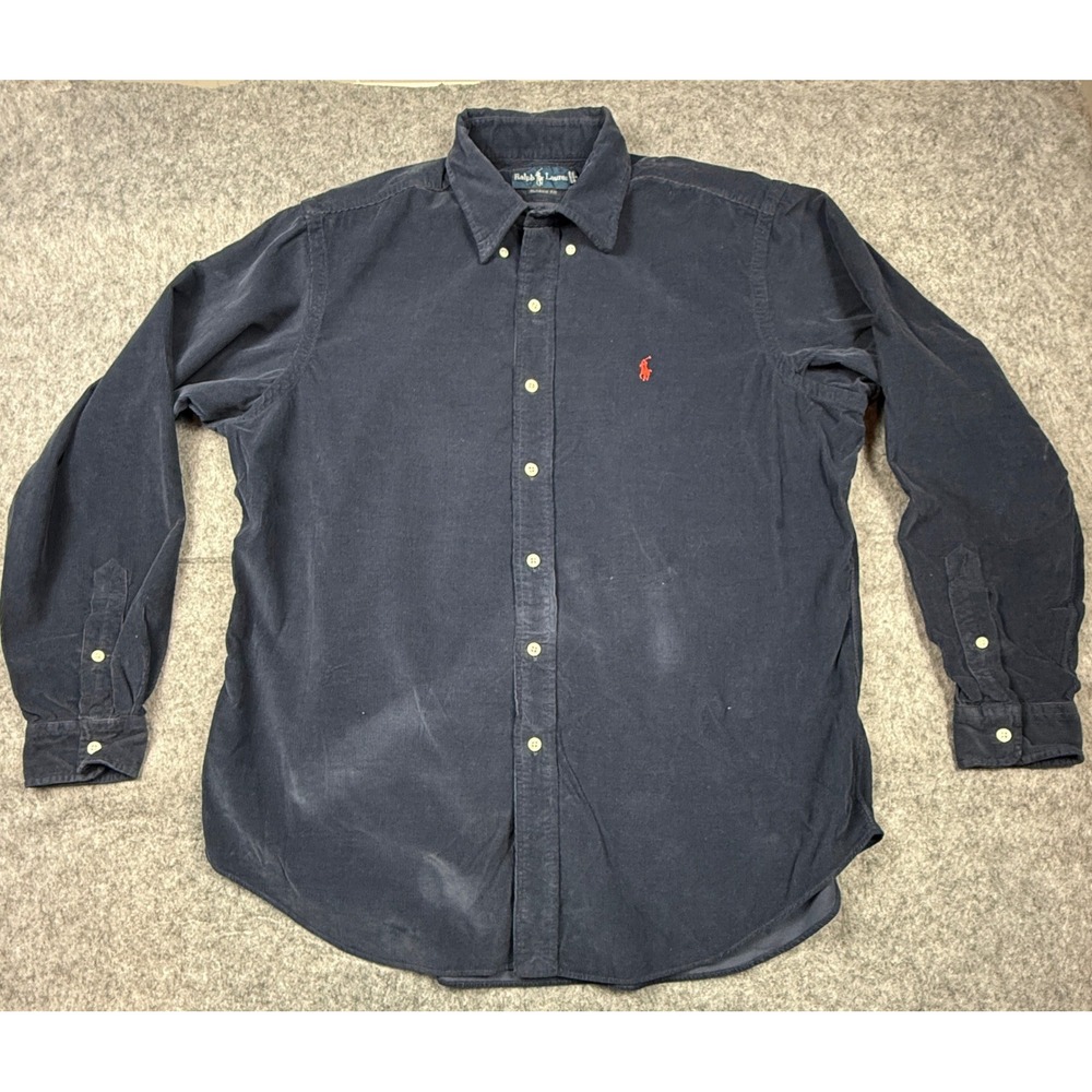 Ralph Lauren Mens Navy Blue Corduroy Classic Fit Button Down Shirt Size L‎